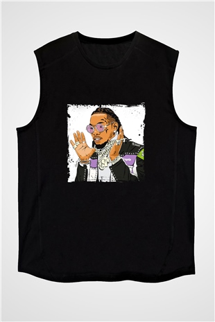 Migos Baskılı Unisex Siyah Kolsuz Tişört