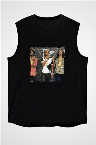 Migos Baskılı Unisex Siyah Kolsuz Tişört