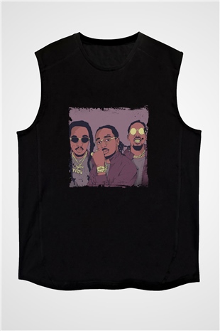 Migos Baskılı Unisex Siyah Kolsuz Tişört