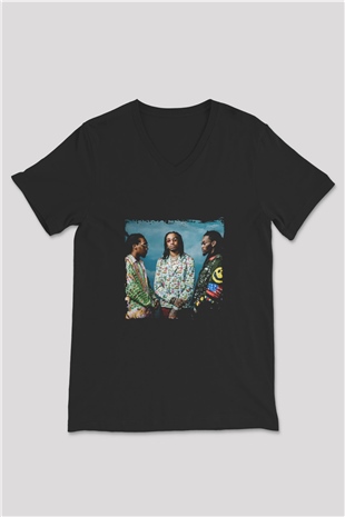 Migos Baskılı Unisex Siyah V Yaka Tişört
