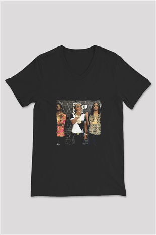 Migos Baskılı Unisex Siyah V Yaka Tişört