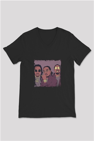 Migos Baskılı Unisex Siyah V Yaka Tişört