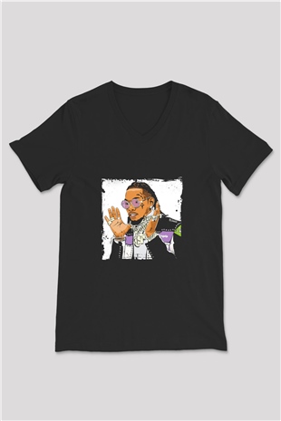 Migos Baskılı Unisex Siyah V Yaka Tişört