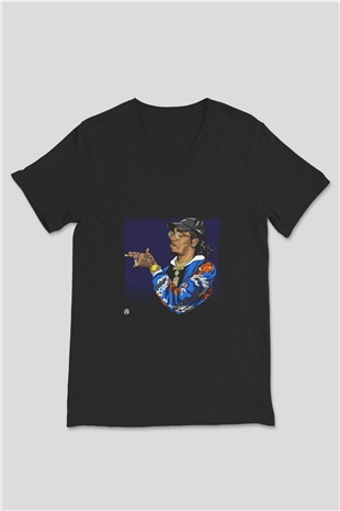 Migos Baskılı Unisex Siyah V Yaka Tişört