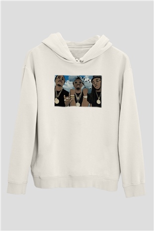 Migos Beyaz Unisex Kapşonlu Sweatshirt