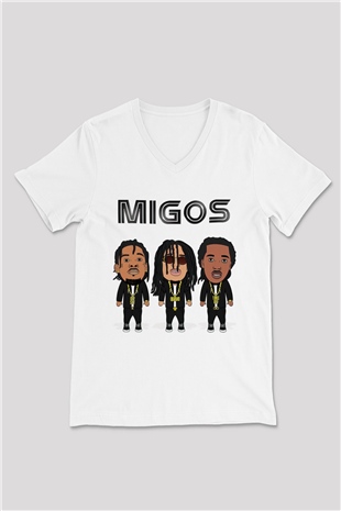 Migos Beyaz Unisex V Yaka Tişört T-Shirt