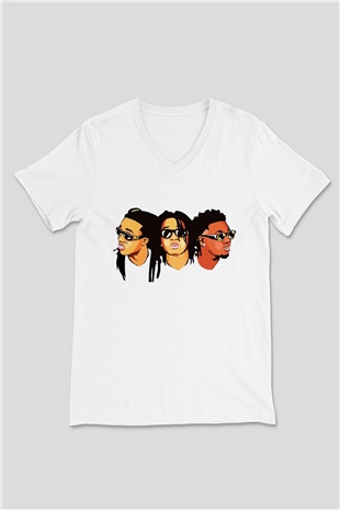 Migos Beyaz Unisex V Yaka Tişört T-Shirt