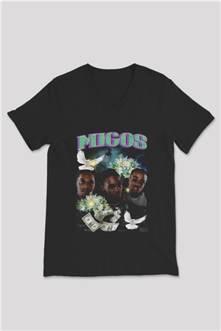 Migos Siyah Unisex V Yaka Tişört
