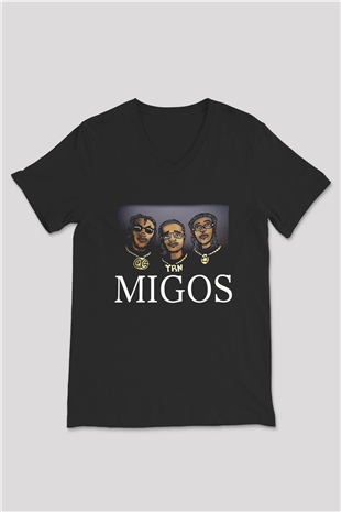 Migos Siyah Unisex V Yaka Tişört T-Shirt