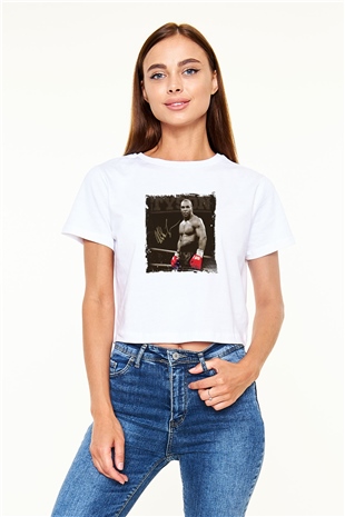 Mike Tyson Baskılı Beyaz Kadın Crop Top Tişört