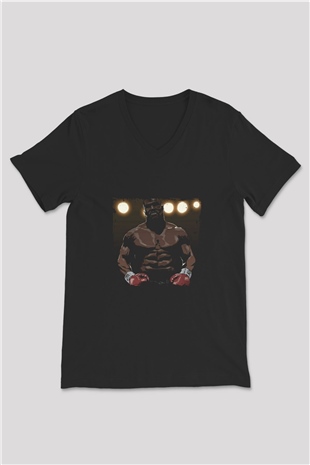 Mike Tyson Baskılı Unisex Siyah V Yaka Tişört