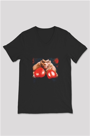 Mike Tyson Baskılı Unisex Siyah V Yaka Tişört