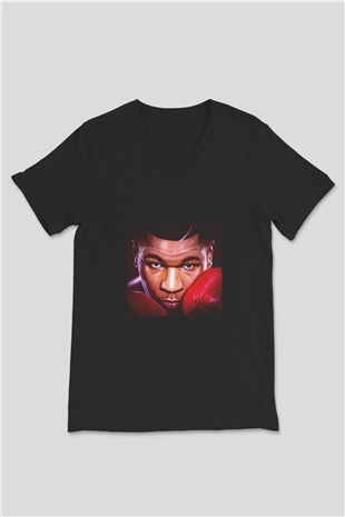 Mike Tyson Baskılı Unisex Siyah V Yaka Tişört