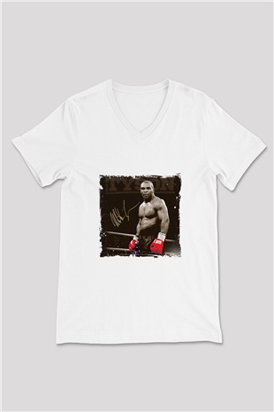Mike Tyson Baskılı V Yaka Unisex Beyaz Tişört