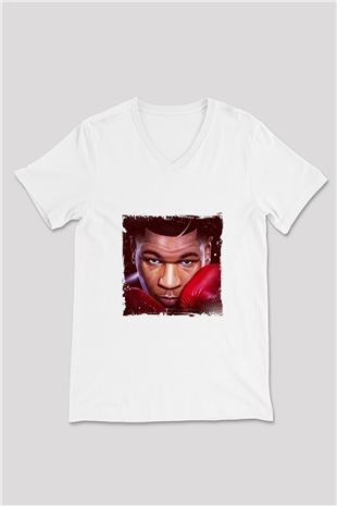 Mike Tyson Baskılı V Yaka Unisex Beyaz Tişört