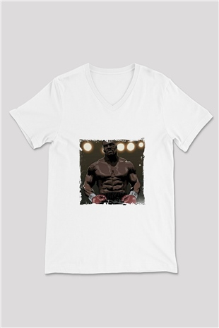 Mike Tyson Baskılı V Yaka Unisex Beyaz Tişört