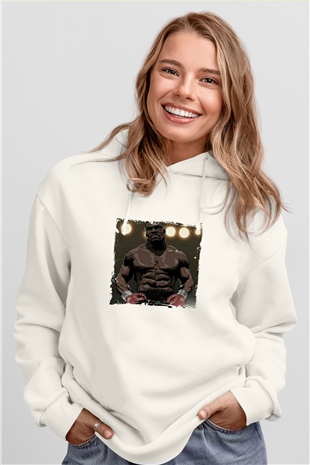 Mike Tyson Unisex Baskılı Beyaz Kapüşonlu Sweatshirt