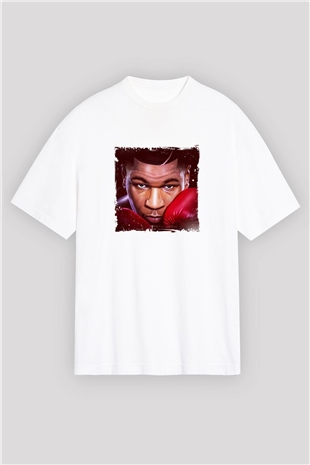 Mike Tyson Oversize Baskılı Beyaz Tişört