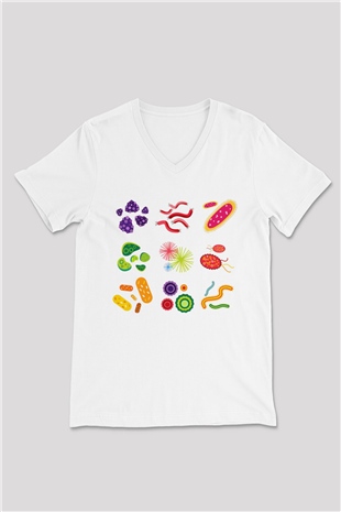 Mikrobiyolog Beyaz Unisex V Yaka Tişört T-Shirt