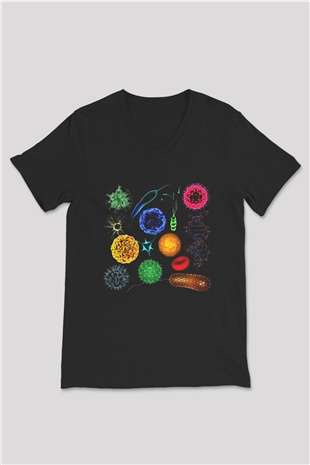 Mikrobiyolog Siyah Unisex V Yaka Tişört T-Shirt