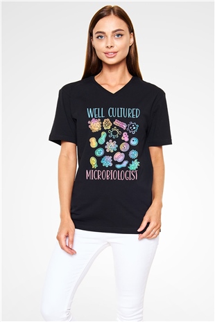 Mikrobiyolog Siyah Unisex V Yaka Tişört