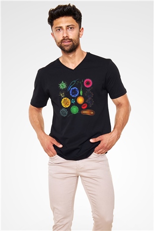 Mikrobiyolog Siyah Unisex V Yaka Tişört T-Shirt