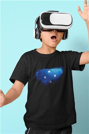 Mikronezya - Micronesia Bayrağı Baskılı Unisex Siyah Çocuk Tişörtü