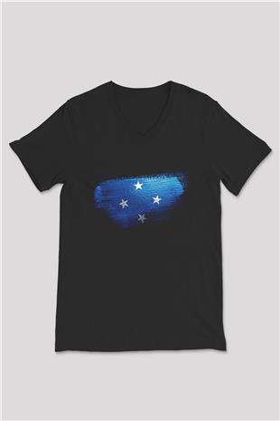Mikronezya - Micronesia Bayrağı Baskılı Unisex Siyah V Yaka Tişört