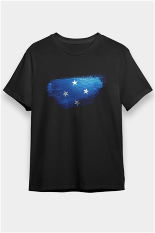 Mikronezya - Micronesia Bayrağı Baskılı Unisex Siyah Tişört