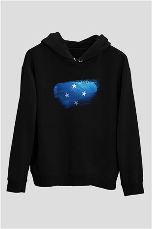 Mikronezya - Micronesia Bayrağı Baskılı Unisex Siyah Kapüşonlu Sweatshirt