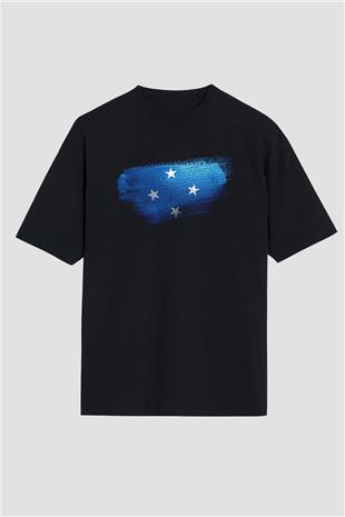 Mikronezya - Micronesia Bayrağı Baskılı Unisex Siyah Oversize Tişört