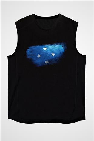 Mikronezya - Micronesia Bayrağı Baskılı Unisex Siyah Kolsuz Tişört