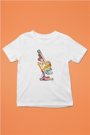 Mikroskop Baskılı Unisex Beyaz Çocuk Tişörtü - Tshirt
