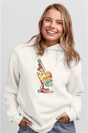 Mikroskop Baskılı Unisex Ekru Hoodie