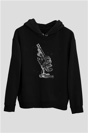 Mikroskop Baskılı Unisex Siyah Kapüşonlu Sweatshirt