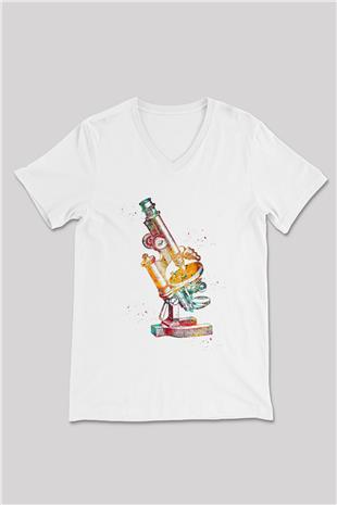 Mikroskop Baskılı Unisex V Yaka Beyaz Tişört - Tshirt