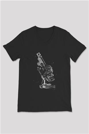 Mikroskop Baskılı Unisex V Yaka Siyah Tİşört - Tshirt