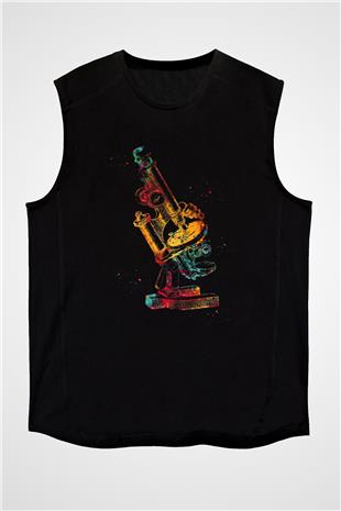 Mikroskop Renkli Baskılı Unisex Kolsuz Siyah Tişört - Tshirt