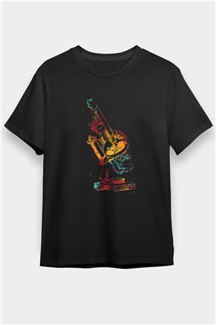 Mikroskop Renkli Baskılı Unisex Siyah Tişört - Tshirt
