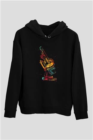 Mikroskop Renkli Baskılı Unisex Siyah Kapüşonlu Sweatshirt
