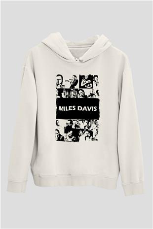 Miles Davis Baskılı Beyaz Unisex Kapüşonlu Sweatshirt