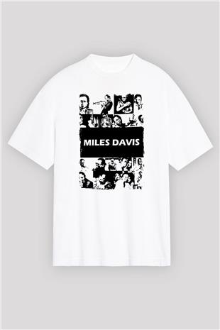 Miles Davis Baskılı Beyaz Unisex Oversize Tişört - Tshirt