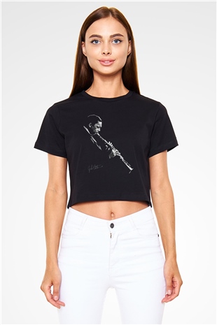 Miles Davis Baskılı Siyah Crop Top Kadın Tişört - Tshirt