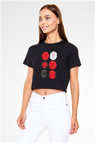 Miles Davis Baskılı Siyah Crop Top Kadın Tişört - Tshirt