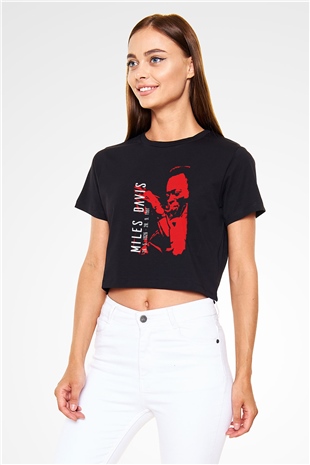 Miles Davis Baskılı Siyah Crop Top Kadın Tişört - Tshirt