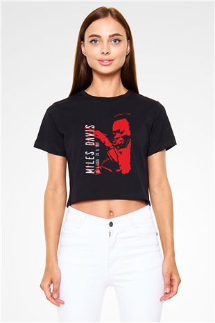 Miles Davis Baskılı Siyah Crop Top Kadın Tişört - Tshirt