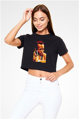 Miles Davis Baskılı Siyah Crop Top Kadın Tişört - Tshirt