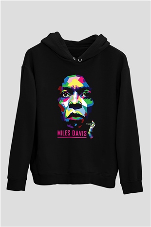 Miles Davis Baskılı Unisex Siyah Kapüşonlu Sweatshirt
