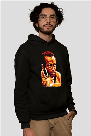 Miles Davis Baskılı Unisex Siyah Kapüşonlu Sweatshirt