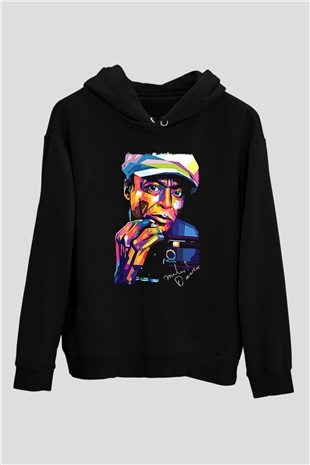 Miles Davis Baskılı Unisex Siyah Kapüşonlu Sweatshirt